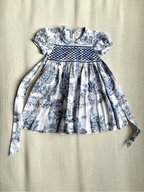 Blue Toile de Jouy Smocked Formal Dress with Puff Sleeves, 2T